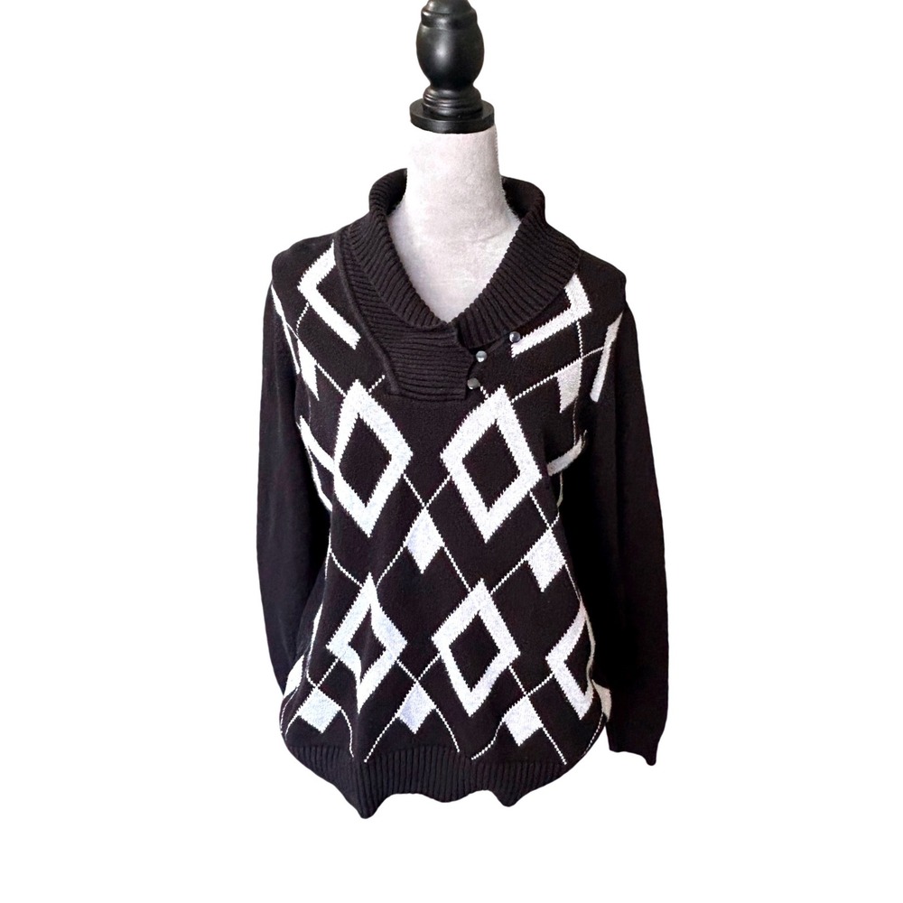 Liz Claiborne Woman 2X Black White Argyle Shawl Collar Neck Pullover Sweater